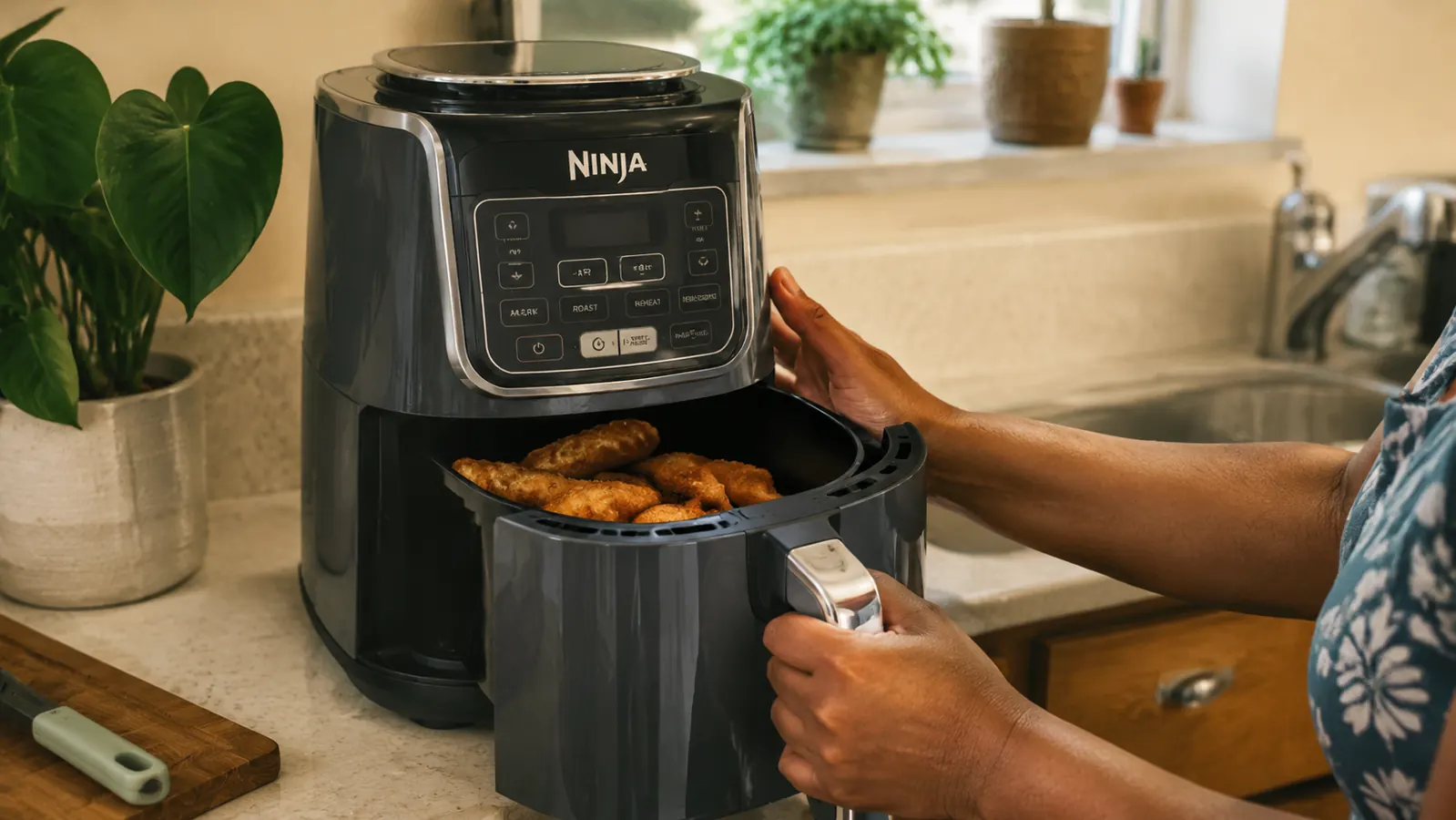 Hand placing a basket of frozen chicken tenders into a compact air fryer