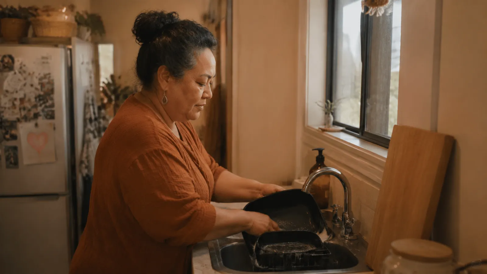 Air fryer basket and drawer sitting in a sink with soapy water, easy to clean