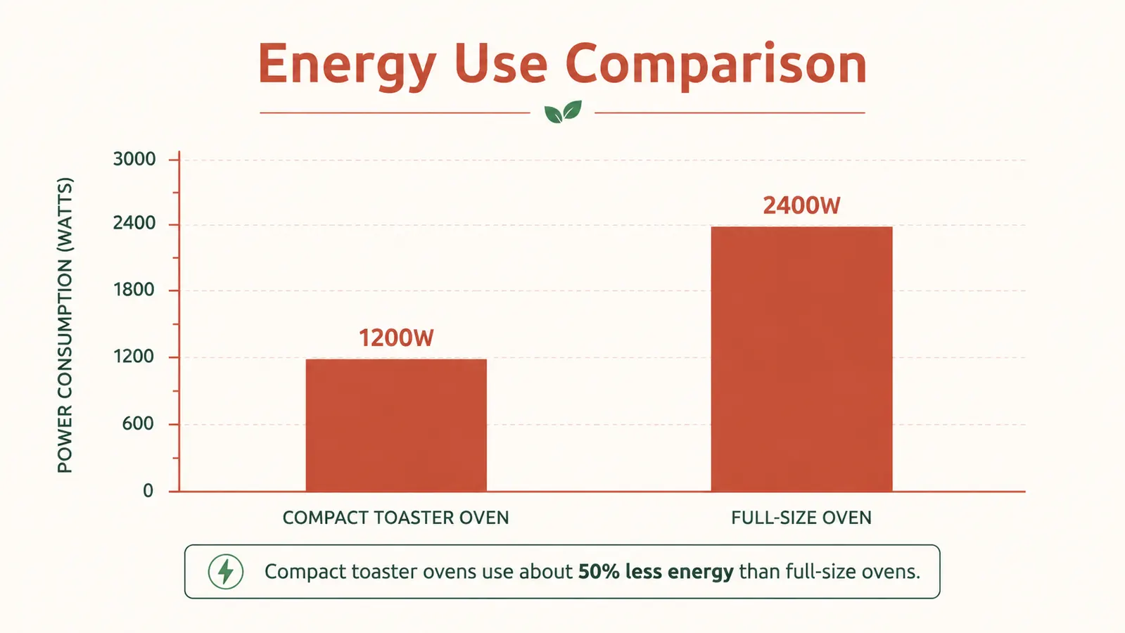 Side-by-side energy comparison chart showing a compact toaster oven using far less electricity than a full-size oven