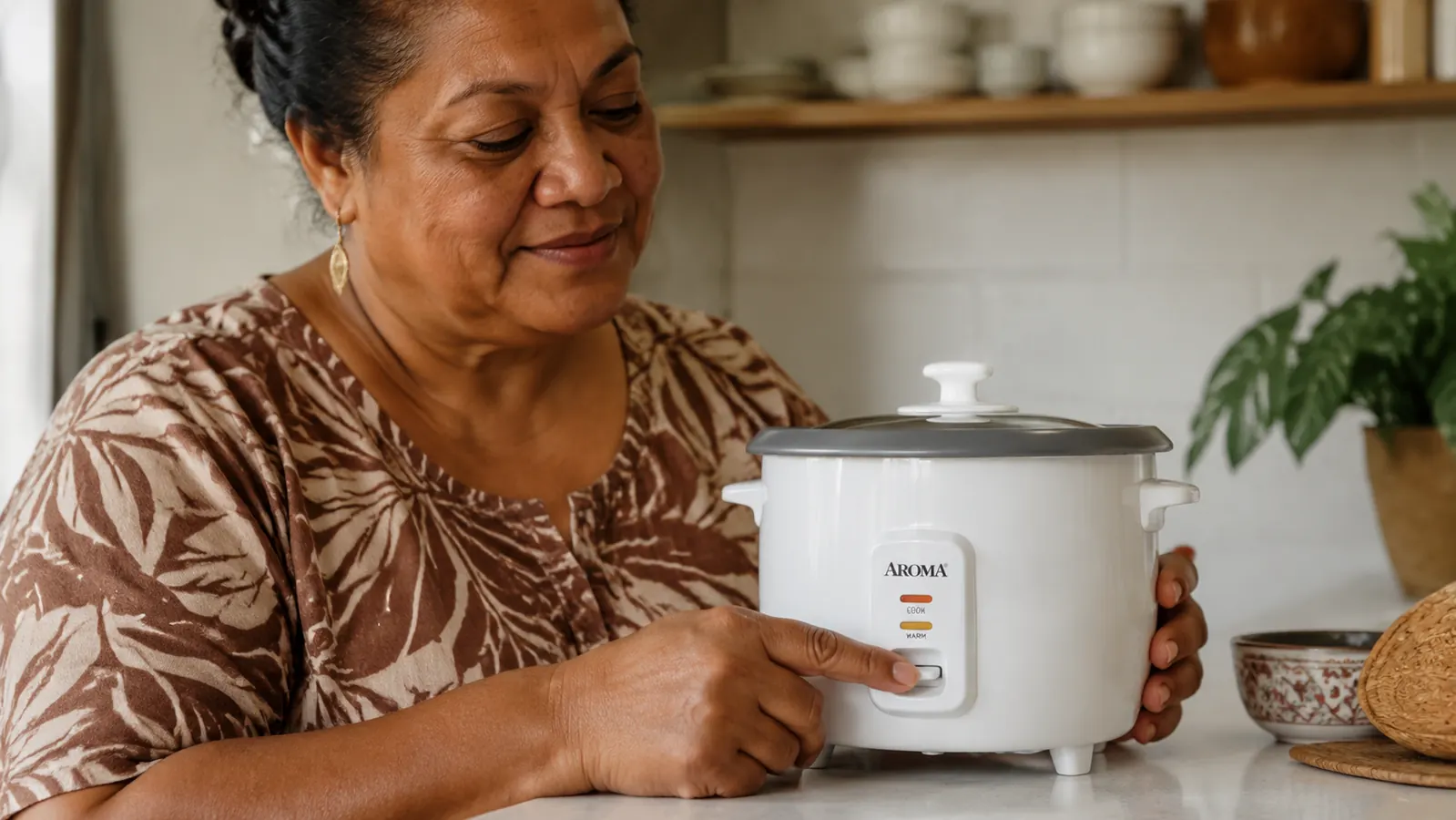 Hand pressing the single cook button on the AROMA 3-cup rice cooker