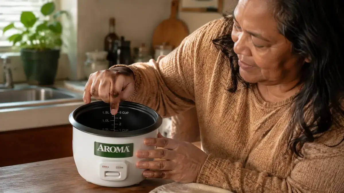 Close-up of the water-level markings inside the Aroma rice cooker inner pot, a hand pointing to the 1-cup line