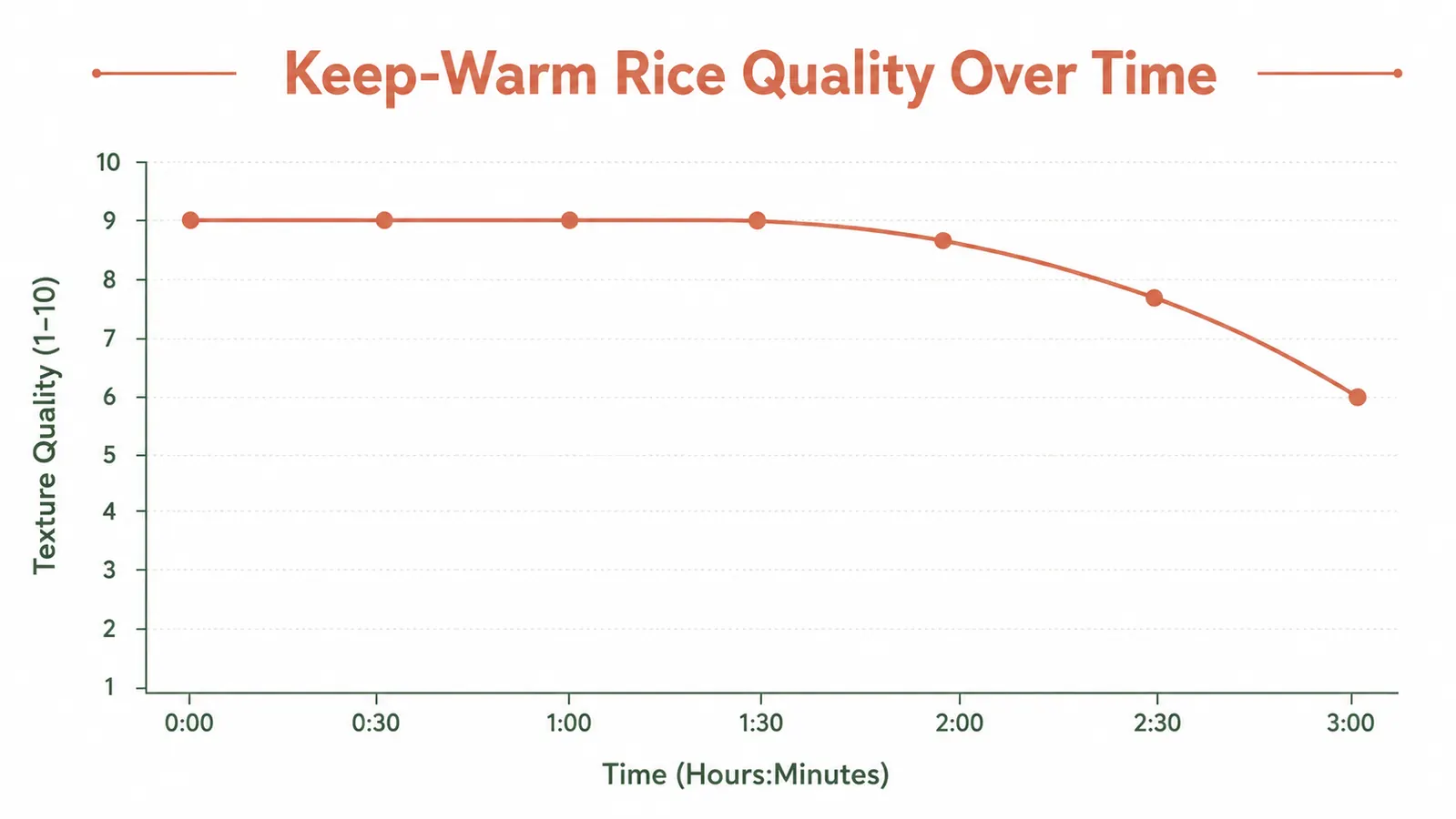 Chart showing how keep-warm rice quality changes over time from 30 minutes to 3 hours in the Aroma cooker
