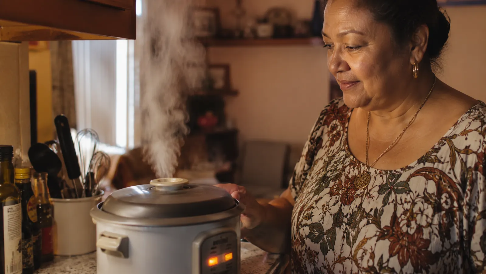 Steam rising gently from a compact rice cooker with the keep-warm indicator light on