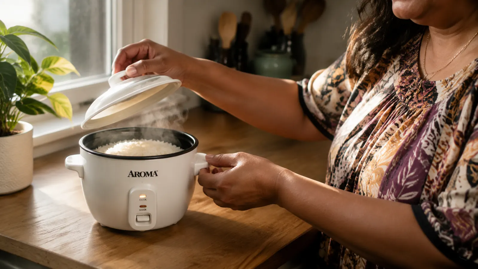 Hand lifting the lid of the Aroma 3-Cup rice cooker with steam rising over white rice inside