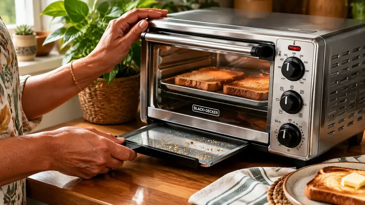 The crumb tray from the BLACK+DECKER toaster oven pulled out halfway, showing crumbs collected neatly