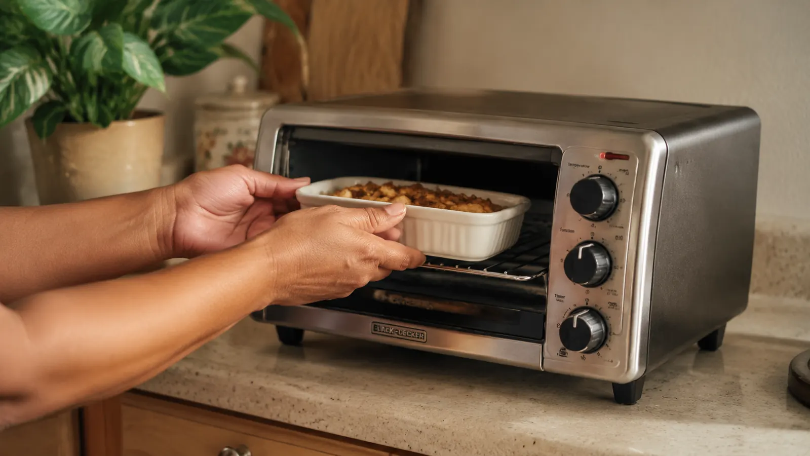 Hands placing a small ceramic baking dish into a BLACK+DECKER compact toaster oven
