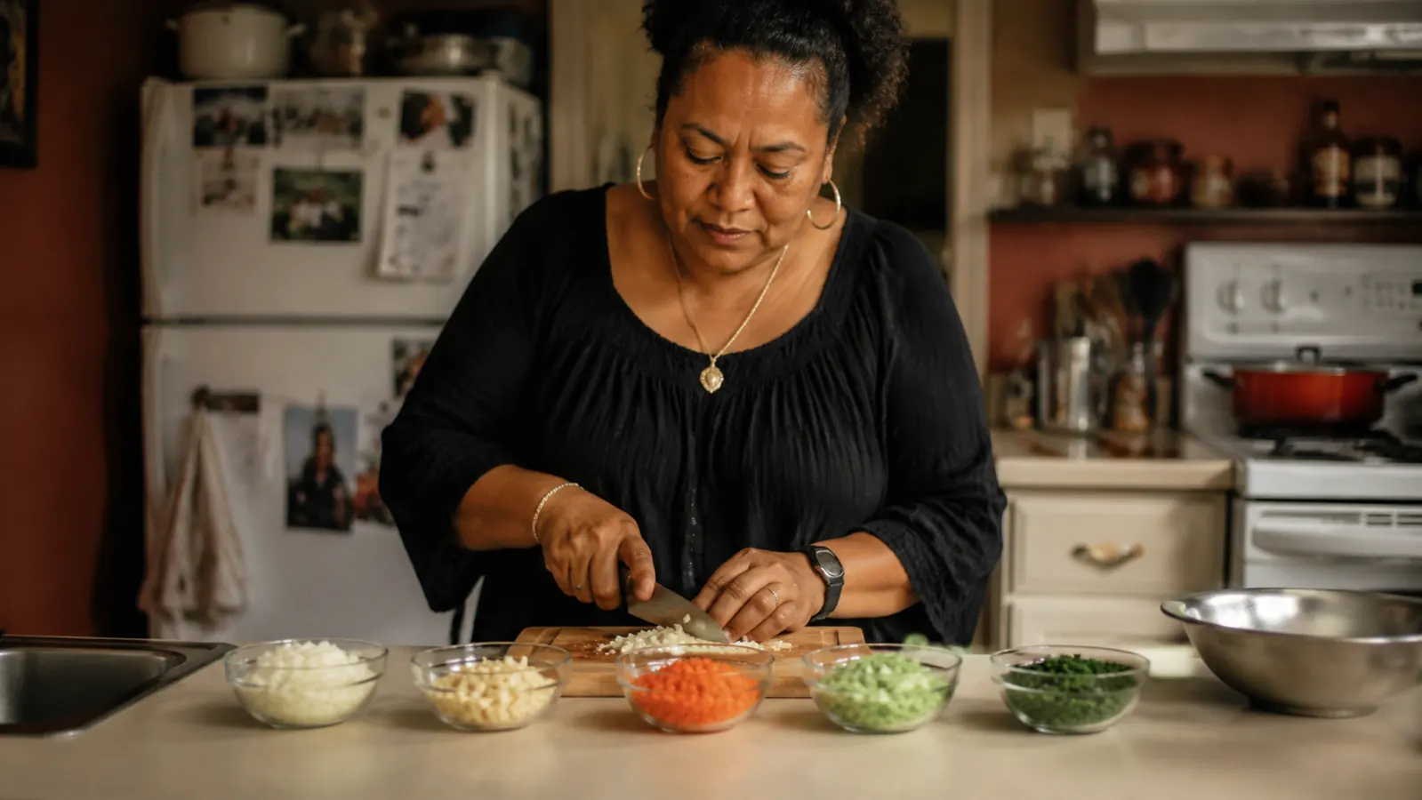 A row of small glass prep bowls filled with chopped onion, minced garlic, diced carrot, and chopped herbs on a countertop