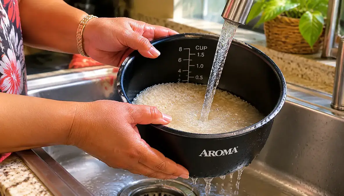 Hand rinsing dry white rice in the inner pot of a small rice cooker under running tap water