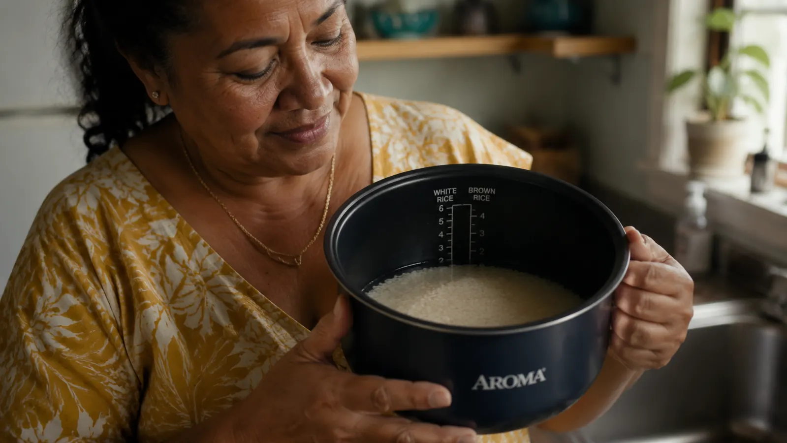 Close-up of water level line markings inside a small rice cooker inner pot with measured water added