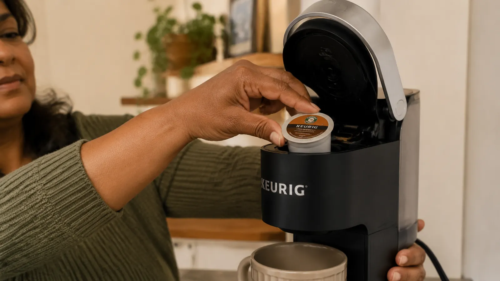 K-Cup pod being inserted into the open pod holder of a Keurig K-Mini