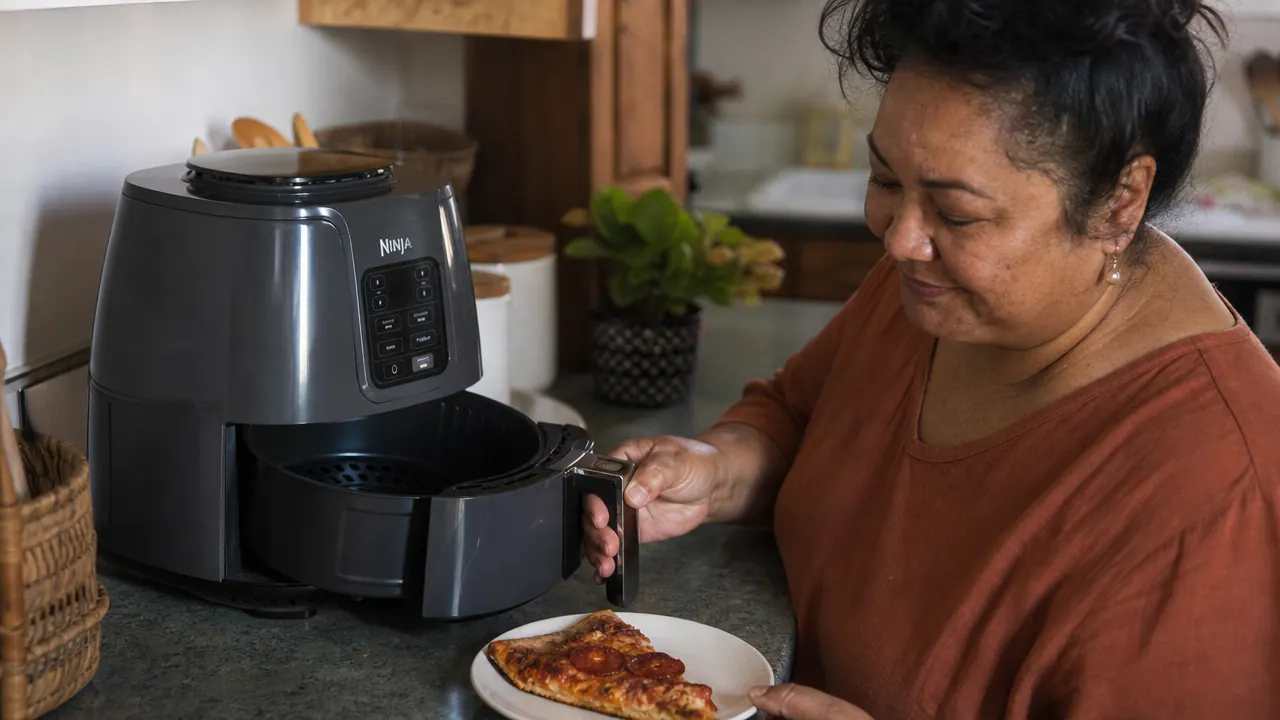 Reheated slice of pizza on a small ceramic plate next to the open Ninja Air Fryer basket, crust looks crisp