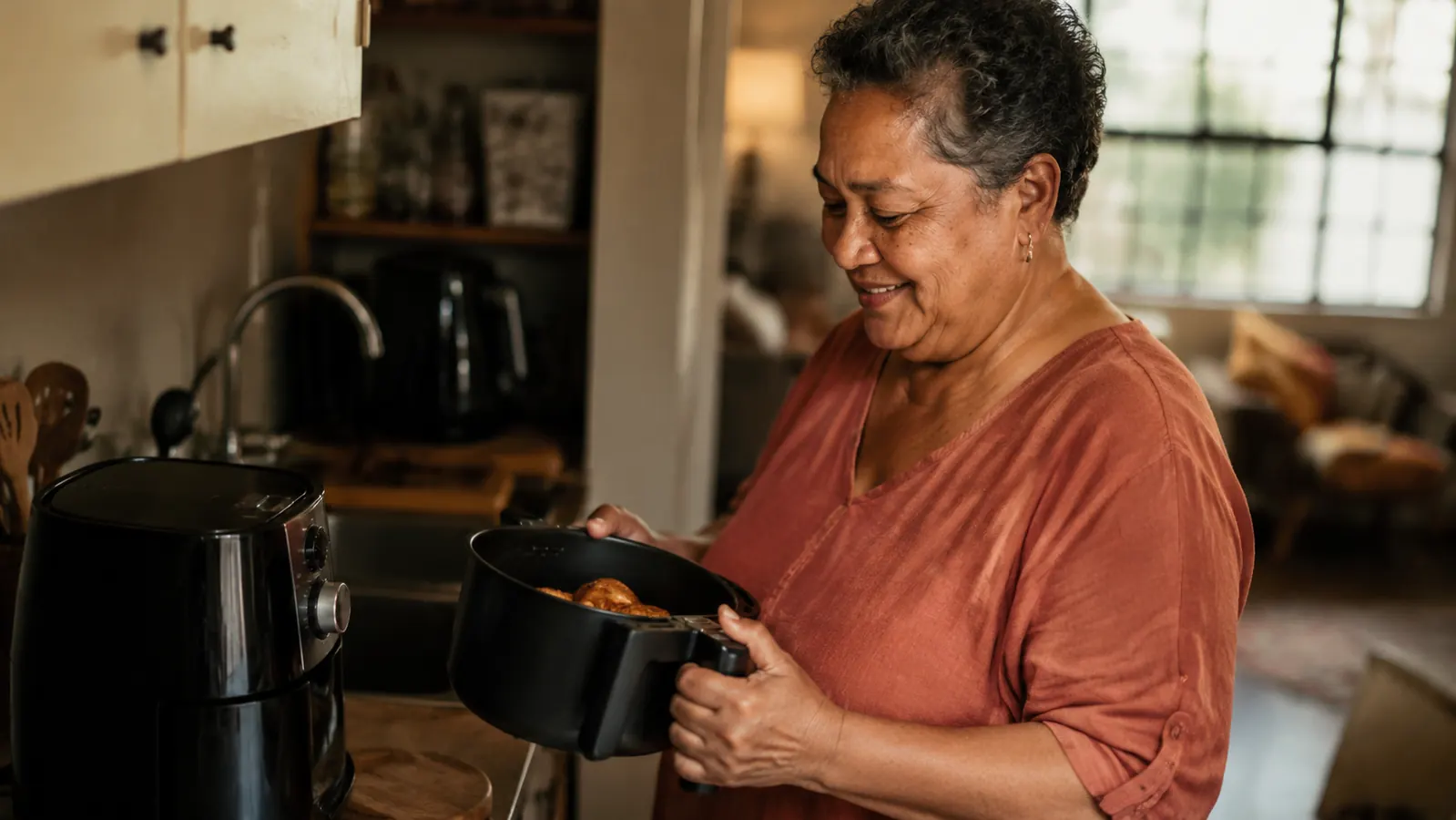 Woman in her sixties smiling while lifting the air fryer basket with both hands, looking relaxed in a small kitchen