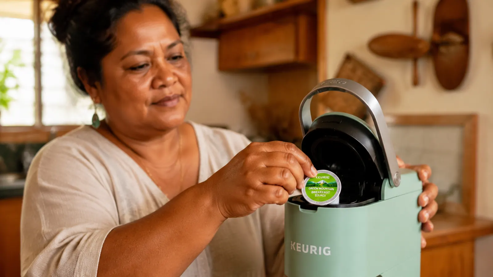 Hand placing a K-Cup pod into the open Keurig K-Mini brew head