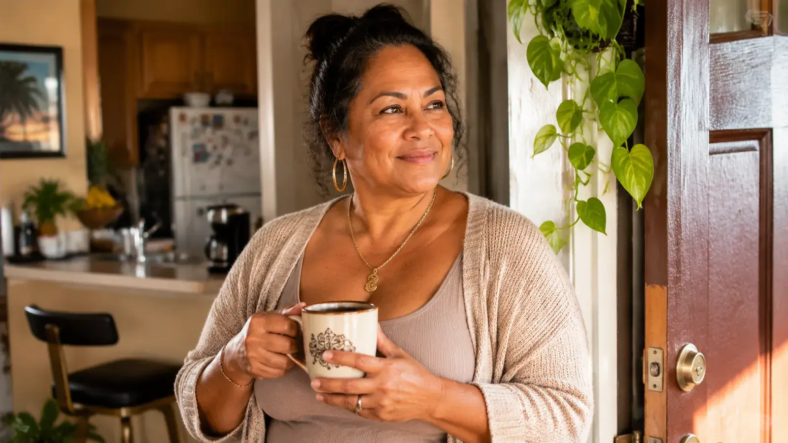 Woman standing in kitchen doorway holding a coffee mug, ready to head out for the day