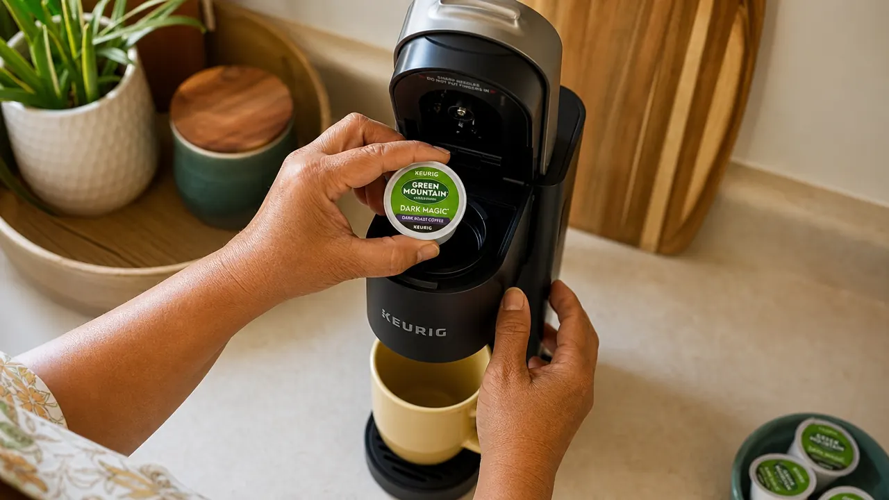 Hand placing a K-Cup pod into the Keurig K-Mini brew chamber