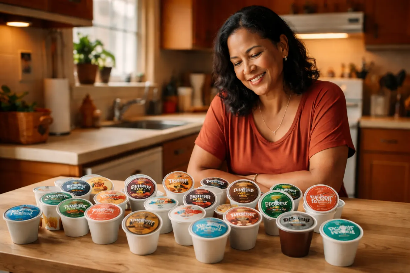 Coffee pods from different brands spread out on a kitchen counter showing pod variety available for Keurig machines