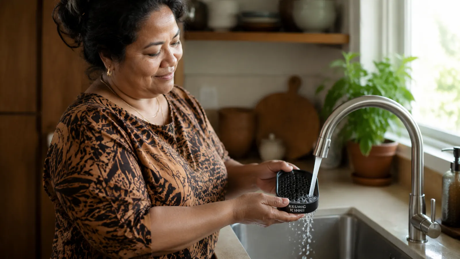 Keurig K-Mini next to a kitchen sink showing the removable drip tray being wiped clean