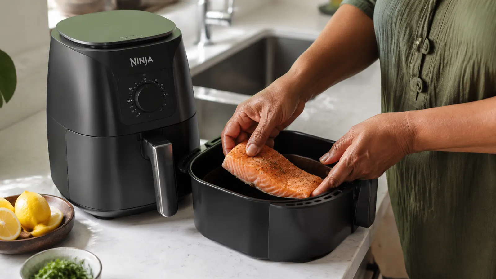 Hands placing a piece of salmon in the Ninja air fryer basket