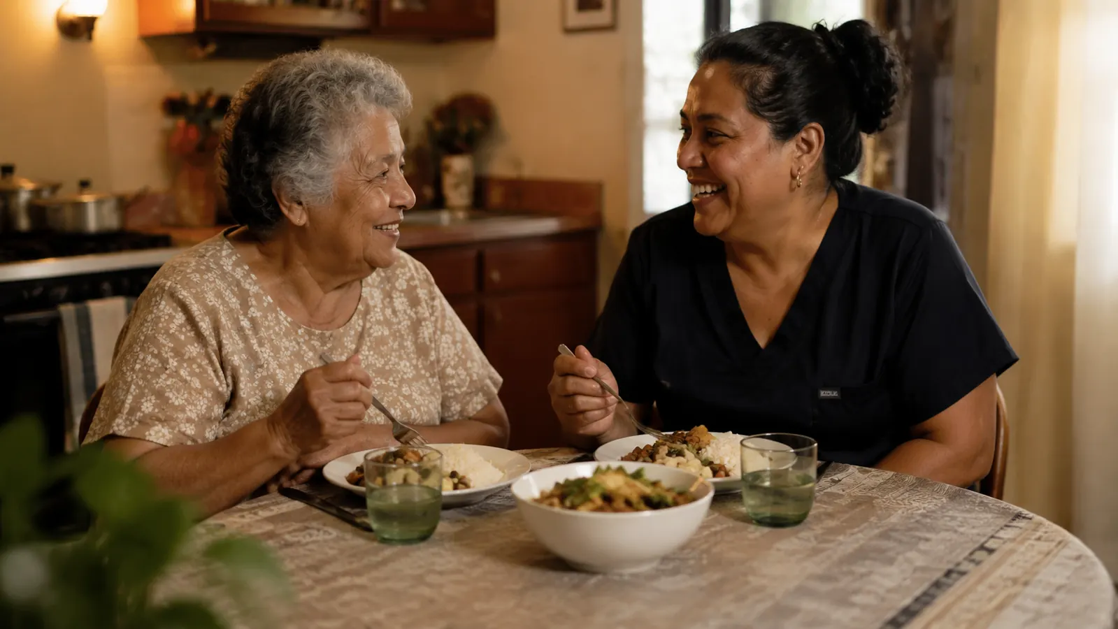 An older woman and her caregiver sharing a simple meal at a small kitchen table